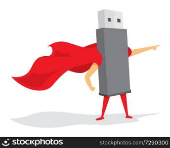 Cartoon illustration of flash drive standing with cape