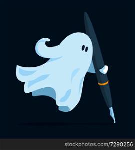 Cartoon illustration of floating ghost writer holding a pen