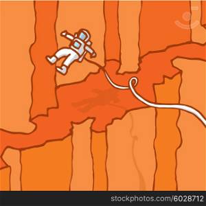 Cartoon illustration of flying astronaut exploring mars surface