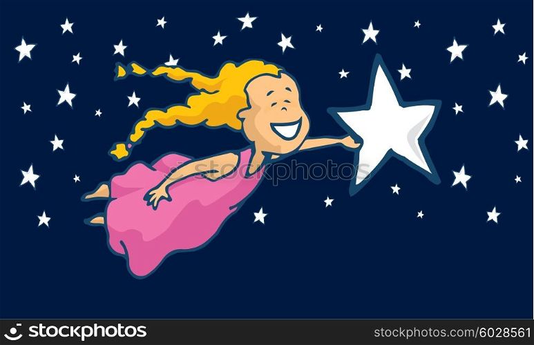 Cartoon illustration of flying girl holding a star or dream