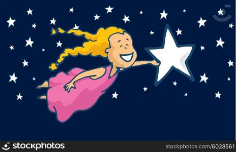 Cartoon illustration of flying girl holding a star or dream
