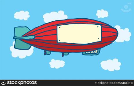 Cartoon illustration of flying zeppelin with blank advertising space sign
