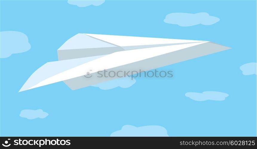 Cartoon illustration of folded paper plane flying among clouds
