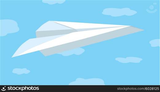 Cartoon illustration of folded paper plane flying among clouds