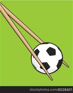 Cartoon illustration of food chopsticks grabbing a soccer ball