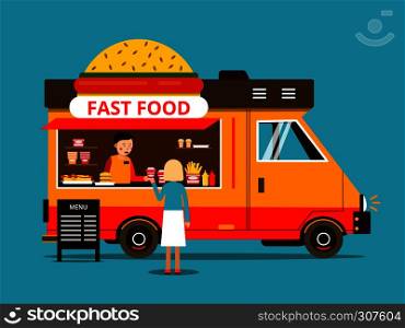 Cartoon illustration of food truck on the street. Vector pictures in flat style. Transportation car for fast food delivery. Cartoon illustration of food truck on the street. Vector pictures in flat style