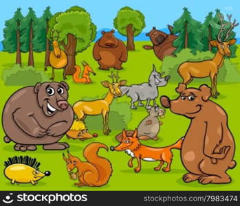 Cartoon Illustration of Forest Scene with Wild Animal Characters Group