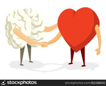 Cartoon illustration of friendly handshake between brain and heart