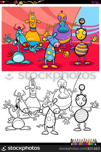 Cartoon Illustration of Funny Alien or Monster Characters Coloring Book Activity