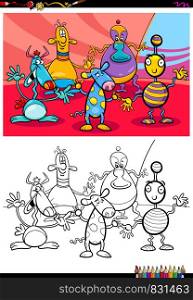 Cartoon Illustration of Funny Alien or Monster Characters Coloring Book Activity