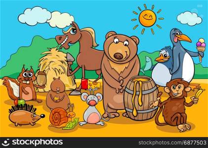 Cartoon Illustration of Funny Animal Characters Group with their Favorite Food