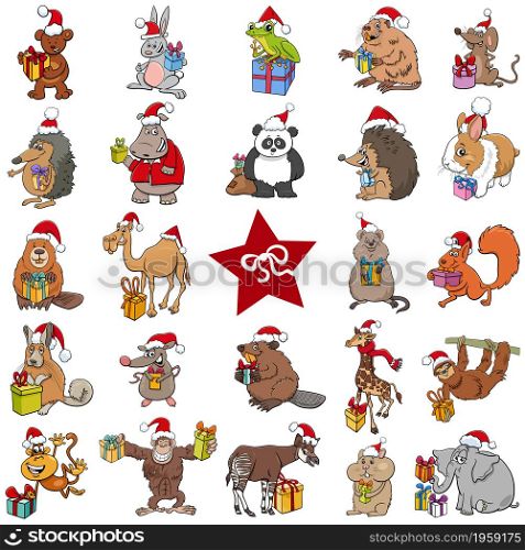 Cartoon illustration of funny animal characters with presents on Christmas holiday big set