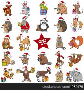 Cartoon illustration of funny animal characters with presents on Christmas holiday big set