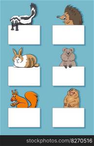 Cartoon illustration of funny animals with blank cards or banners design set