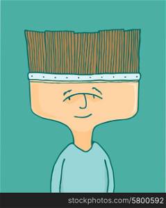 Cartoon illustration of funny artist obsessed on painting with brush head
