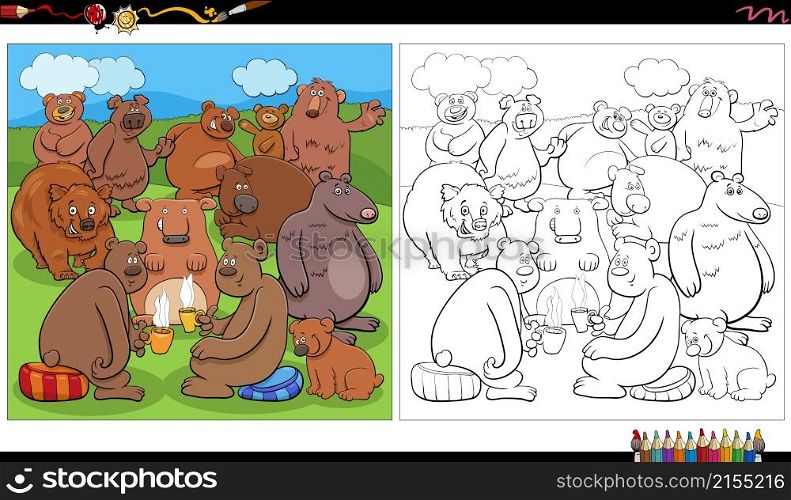 Cartoon illustration of funny bears group animal characters coloring book page