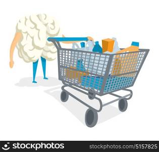Cartoon illustration of funny brain pushing a shopping cart