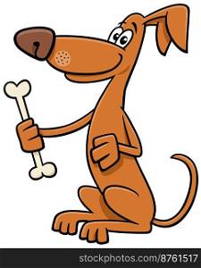 Cartoon illustration of funny brown dog comic animal character with dog bone