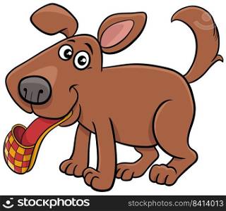 Cartoon illustration of funny brown dog comic animal character with slipper