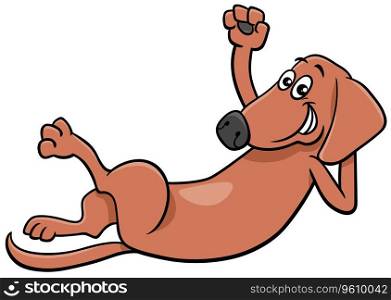 Cartoon illustration of funny brown dog or puppy comic animal character lying down and waving paw