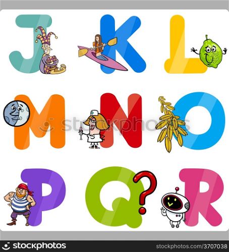 Cartoon Illustration of Funny Capital Letters Alphabet with Objects for Language and Vocabulary Education for Children from J to R