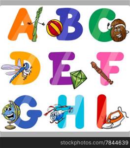 Cartoon Illustration of Funny Capital Letters Alphabet with Objects for Language and Vocabulary Education for Children from A to I