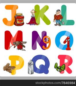 Cartoon Illustration of Funny Capital Letters Alphabet with Objects for Reading and Writing Education for Children from J to R
