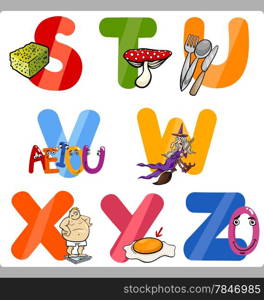 Cartoon Illustration of Funny Capital Letters Alphabet with Objects for Reading and Writing Education for Children from S to Z