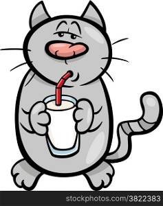 Cartoon Illustration of Funny Cat Drinking Milk