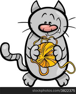 Cartoon Illustration of Funny Cat with Ball of Wool