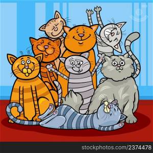Cartoon illustration of funny cats and kittens animal characters group