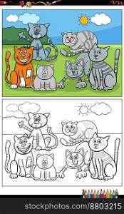 Cartoon illustration of funny cats and kittens comic characters group coloring page