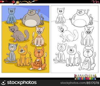 Cartoon illustration of funny cats animal characters coloring page