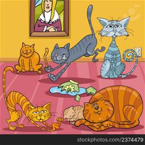 Cartoon illustration of funny cats animal characters making a mess in the room