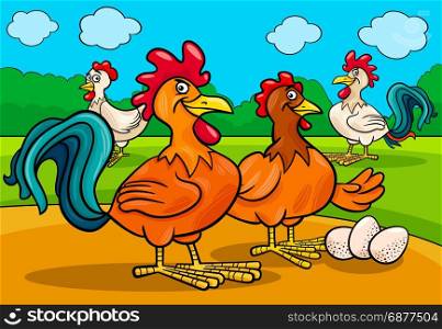 Cartoon Illustration of Funny Chicken Farm Animal Characters Group