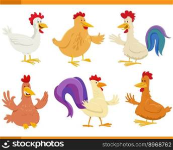 Cartoon illustration of funny chickens farm animals comic characters set