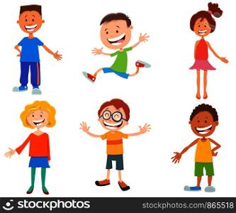 Cartoon Illustration of Funny Children and Teen Kids Characters Set