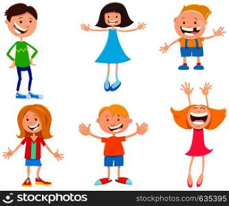 Cartoon Illustration of Funny Children and Teenager Characters Set