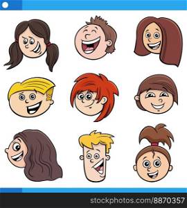 Cartoon illustration of funny children or teenagers characters faces set