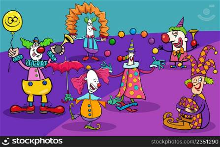 Cartoon illustration of funny circus clowns characters group