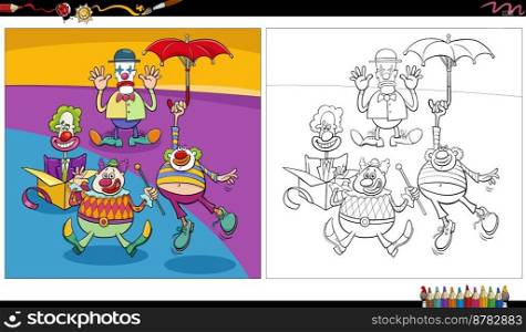 Cartoon illustration of funny clowns comic characters group coloring page