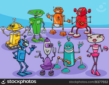 Cartoon illustration of funny colorful robots comic characters group