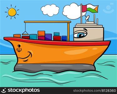Cartoon illustration of funny container ship comic character on the sea