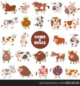 Cartoon illustration of funny cows and bulls farm animal characters big set
