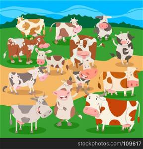 Cartoon Illustration of Funny Cows Farm Animal Comic Characters Group