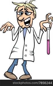 Cartoon Illustration of Funny Crazy Scientist with Substance in Vial