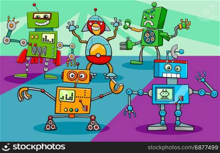 Cartoon Illustration of Funny Dancing Robots Science Fiction Characters Group