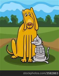 Cartoon Illustration of Funny Dog and Cute Tabby Cat in Friendship and Rural Scene
