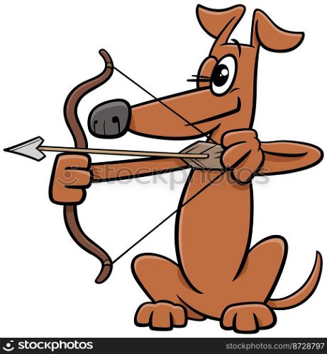 Cartoon illustration of funny dog animal character shooting the bow