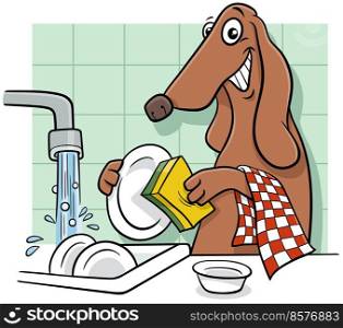 Cartoon illustration of funny dog animal character washing dishes